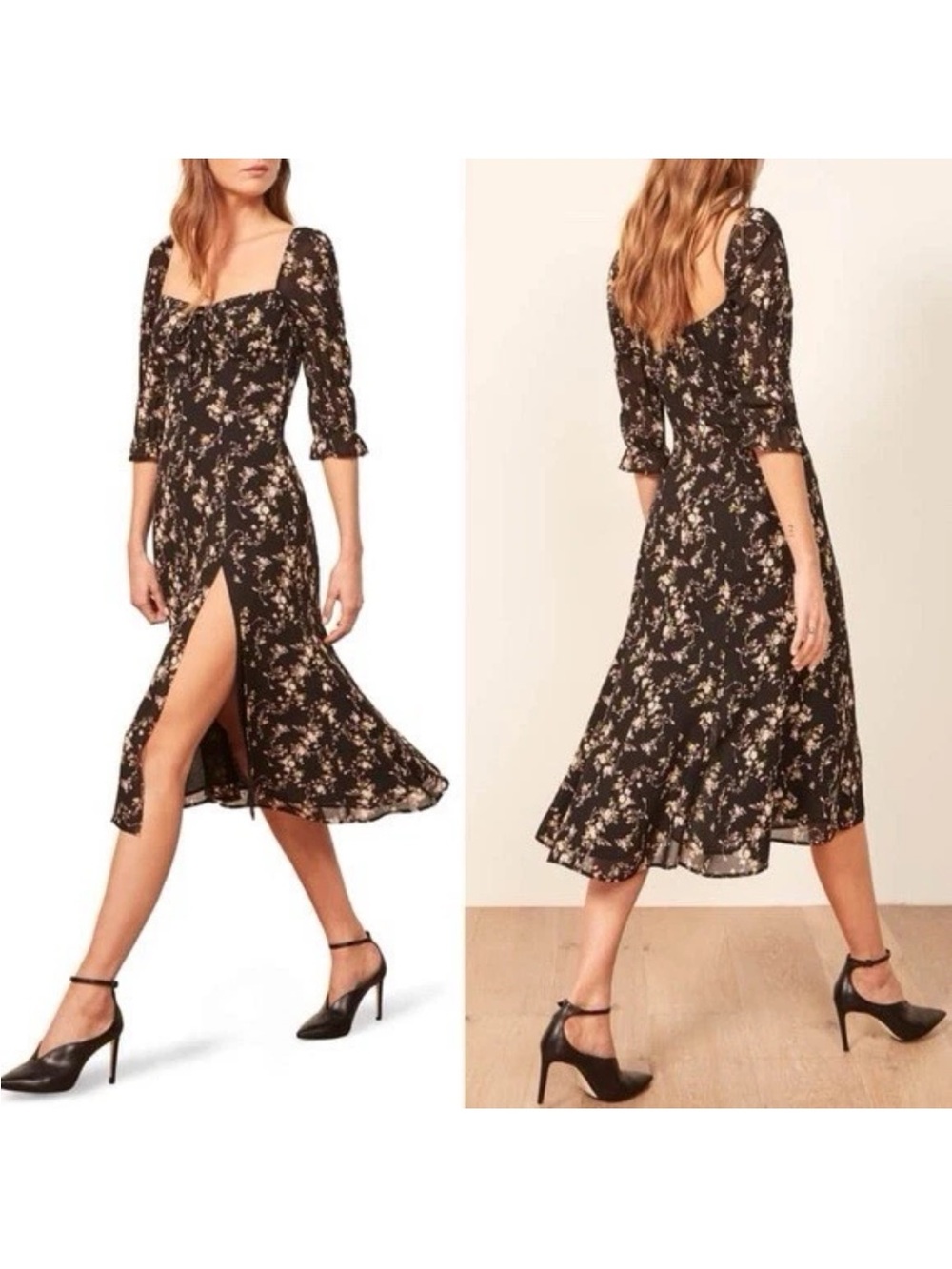 Reformation Black Floral Square-Neck Midi Dress with Side Slit